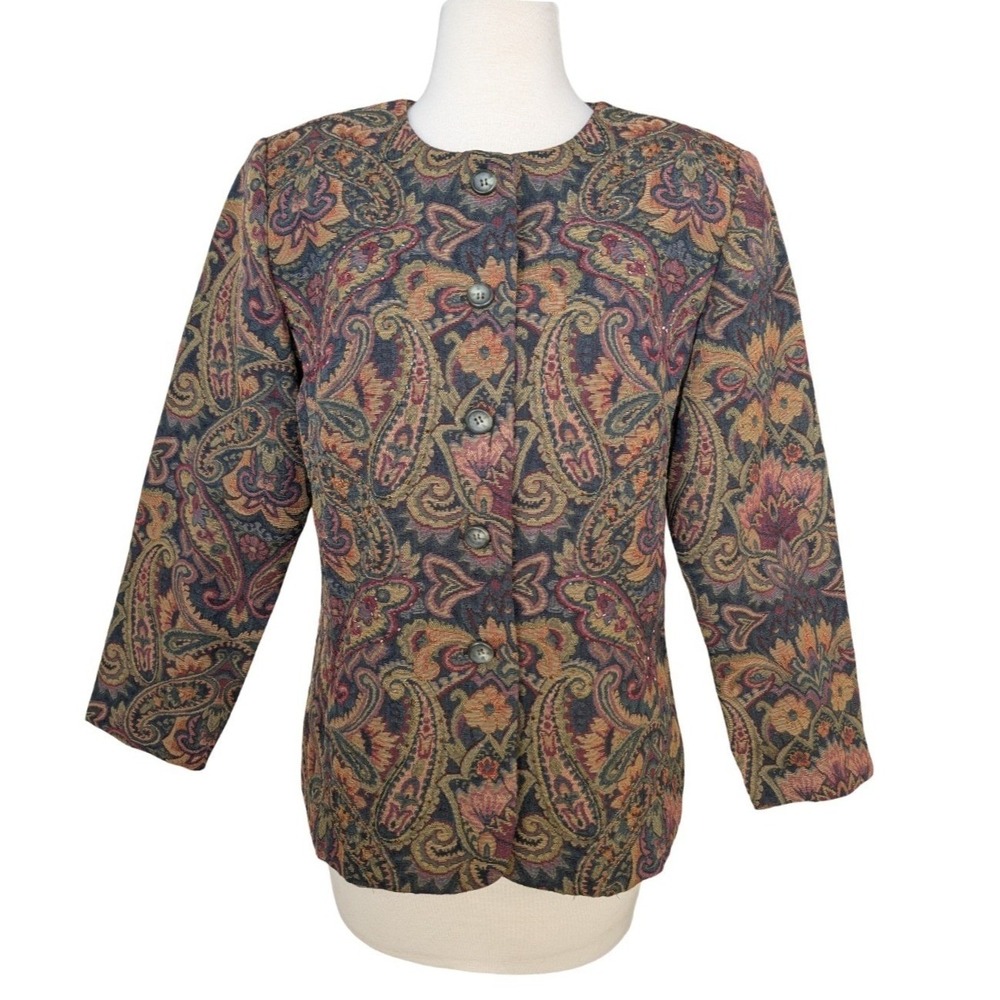 Coldwater Creek Paisley Tapestry Jacket Womens P12 Petite‎ Beaded Boho Blazer